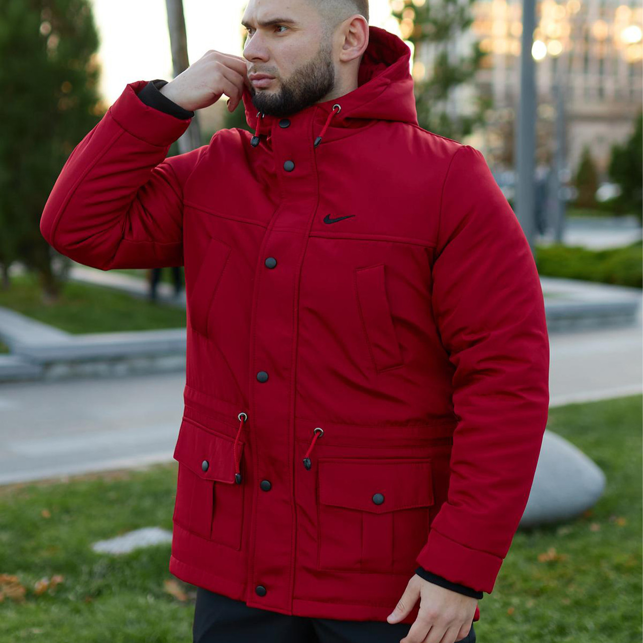 Чоловіча зимова парка Nike/ Утеплена червона куртка на зиму/ Довга водовідштовхувальна курточка з капюшоном