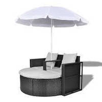 Садовый шезлонг диван ракушка из ротанга с зонтом, черный vidaXL