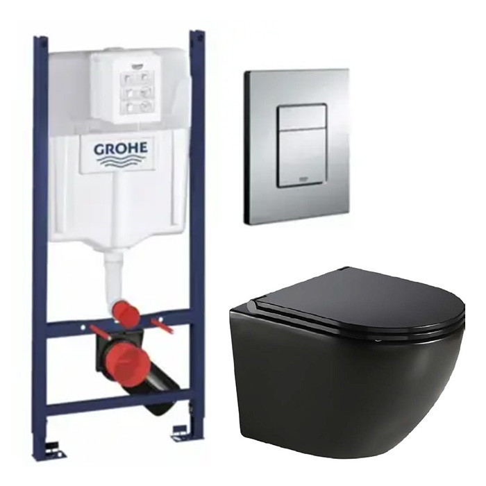 Комплект 5в1: Інсталяція Grohe Rapid + Безобідковий Підвісний унітаз Round+ клавіша хром