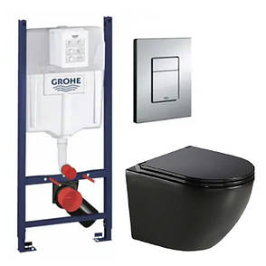 Комплект 5в1: Інсталяція Grohe Rapid + Безобідковий Підвісний унітаз Round+ клавіша хром, фото 1