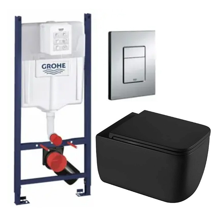 Комплект 5в1: Інсталяція Grohe Rapid + Безобідковий Підвісний унітаз Kvadro+ клавіша хром
