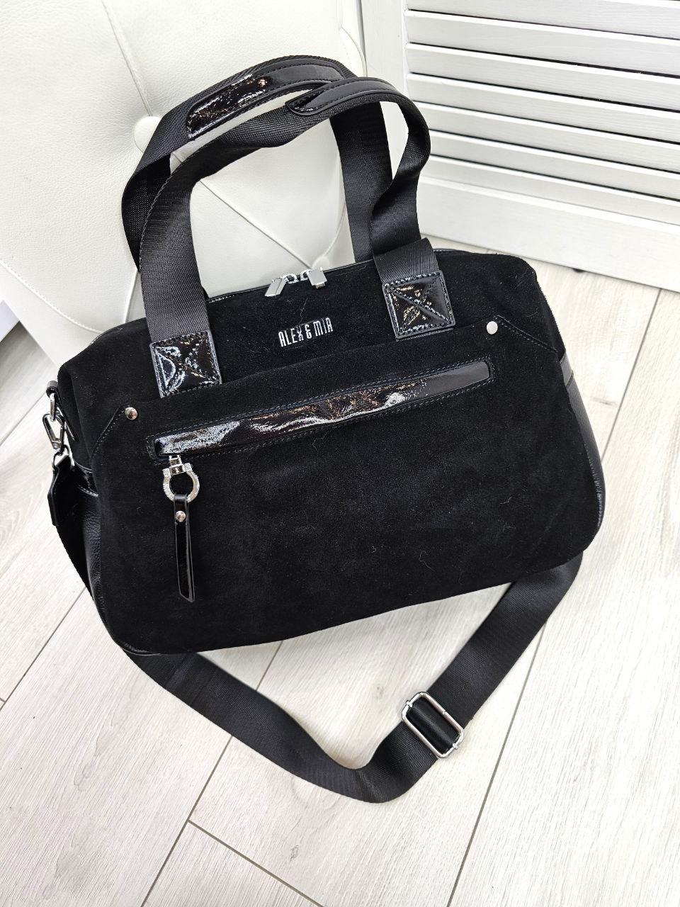 Жіноча сумка на широкому ремені містка чорна натуральна замша+шкірзам