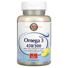 Омега-3 KAL "Omega 3 450/300" зі смаком лимона, 450 мг ЕПК / 300 мг ДГК (60 гелевих капсул)