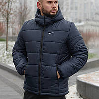 Утепленная зимняя куртка-пуховик с капюшоном/ Куртка Европейка на флисе/ Мужская синяя курточка на зиму