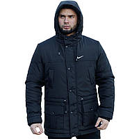 Мужская зимняя парка Nike/ Утепленная черная куртка на зиму/ Длинная водоотталкивающая курточка с капюшоном