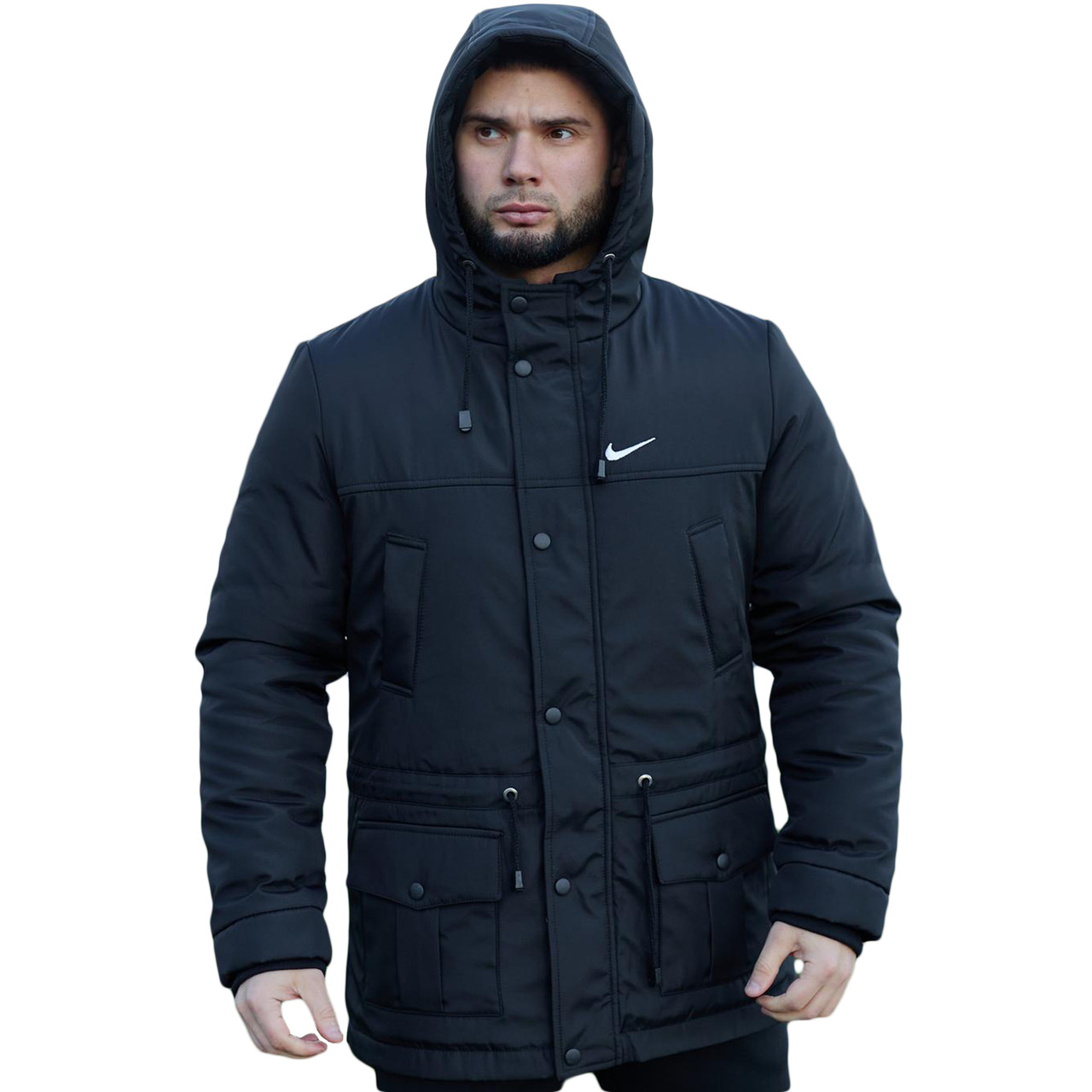 Чоловіча зимова парка Nike/Утеплена чорна куртка на зиму/Довжинна водовідштовхувальна курточка з капюшоном