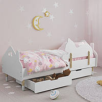Детская кровать (Домик) цвет белый с бортиком (Котик) и ящиками