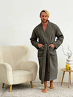 Мужской халат на запах с карманами натуральный вафельный для дома халат для бани сауны цвет темно серый меланж