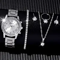 Подарочный женский набор наручные кварцевые часы Geneva цепочка с кулоном, браслет, серьги и кольцо