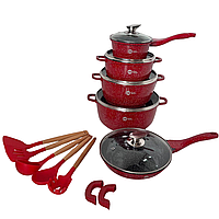 Набор кастрюль и сковорода с гранитным антипригарным покрытием Higher Kitchen HK-305 бордовый (17 предметов)