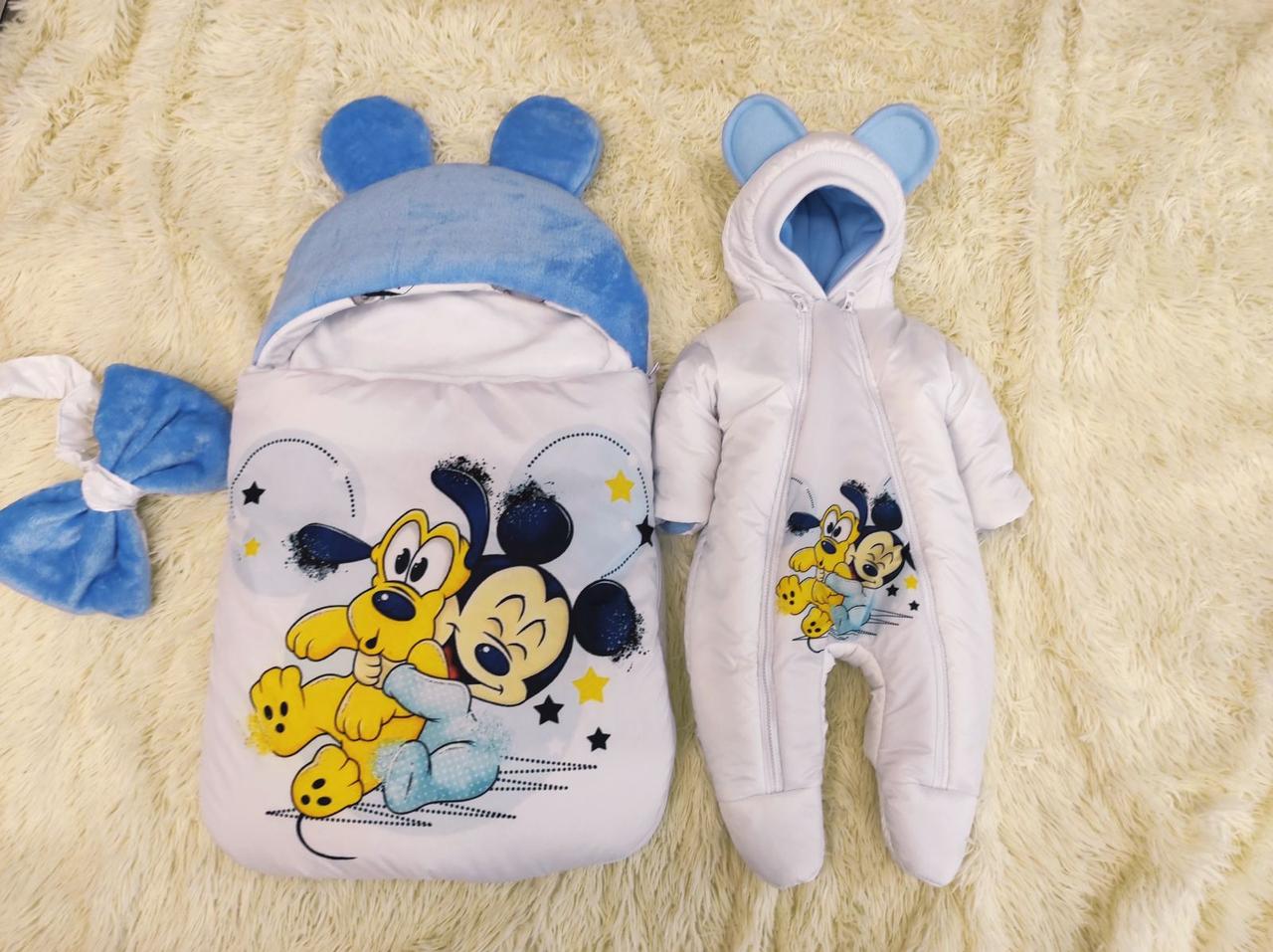 Спальник + комбінезон з плащової тканини для новонароджених, мультяшний принт Міккі, фото 1