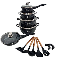 Набор кастрюль и сковорода с гранитным антипригарным покрытием Higher Kitchen HK-305 черный (17 предметов)