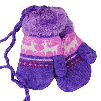 Рукавиці для дівчинки вовняні з хутром 1,5-3 роки зима подвійні фіолетовий