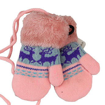 Рукавиці для дівчинки вовняні з хутром 1,5-3 роки зима подвійні світло-рожевий