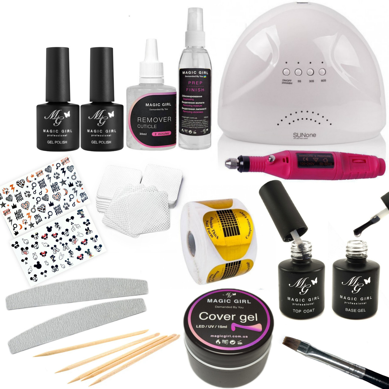 Стартовий набір для манікюру з гелем та гель лаком Magic Girl Лампою UV/LED Sun One 48 Вт та Фрезер-ручкою, фото 1