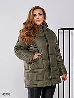Женская зимняя стеганая куртка с капюшоном цвета хаки. Модель 42493
