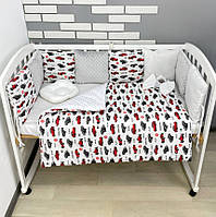 Комплект постельного с одеялом-конвертом и бортиками на 3 стороны кроватки 120х60см - Машинки серо-красные