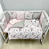 Комплект постільної білизни на три сторони ліжечка 120х60 см 13 пр. - Рожево-сірий з квітами