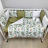 Комплект постільної білизни на три сторони ліжечка 120х60 см 13 пр. - Оленята біло-оливкові/ хакі