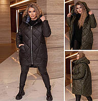 Женская куртка длинная теплая стеганая с капюшоном, черная, хаки, большого размера 52, 54, 56, 58