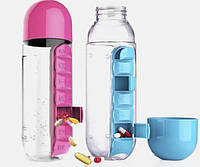 Пляшка для води з таблетницей BPA free Пляшка для води з органайзером для таблеток 600 мл Рожева