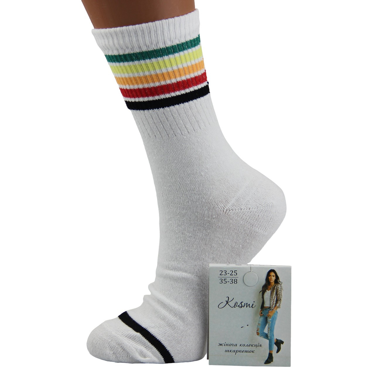 Шкарпетки жіночі високі демісезонні Kosmi 23-25 розмір (35-38 взуття) Веселка вузька білий