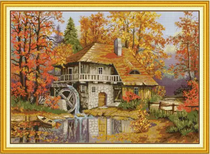 Набір для вишивання за нанесеною на канву схемою "Autumn Water Mill ".AIDA 14CT printed , 75*55 см