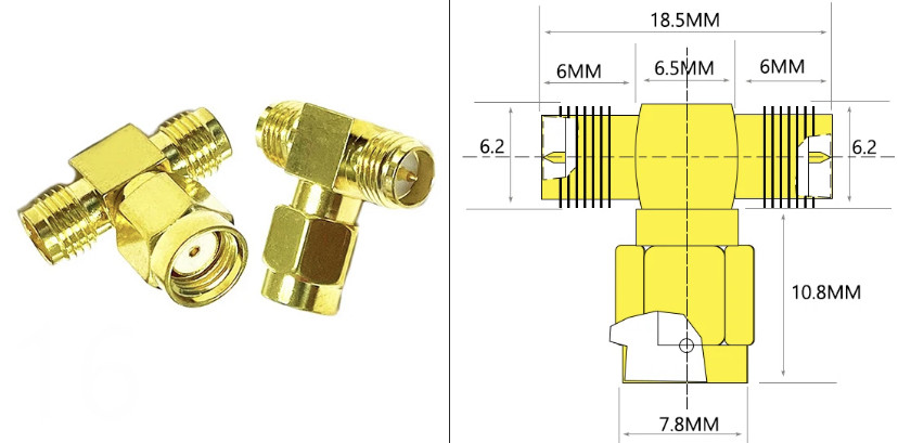 Внутрішній отвір RP SMA тато на 2 х RP SMA мама, T-подібний перехідник РЧ коаксіального адаптера