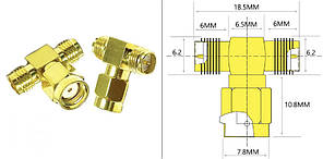 Внутрішній отвір RP SMA тато на 2 х RP SMA мама, T-подібний перехідник РЧ коаксіального адаптера