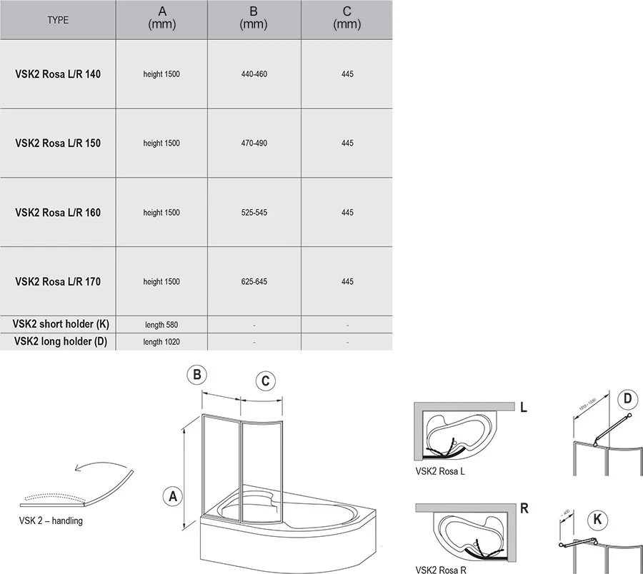Шторка для ванни двохелементна VSK2 ROSA 150 L Transparent, (76L80100Z1) RAVAK - фото 2 - id-p2072123275