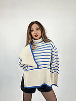 Женский теплый стильный свитер в полоску рукава клёш размер оверсайз машинная вязка производство Турция