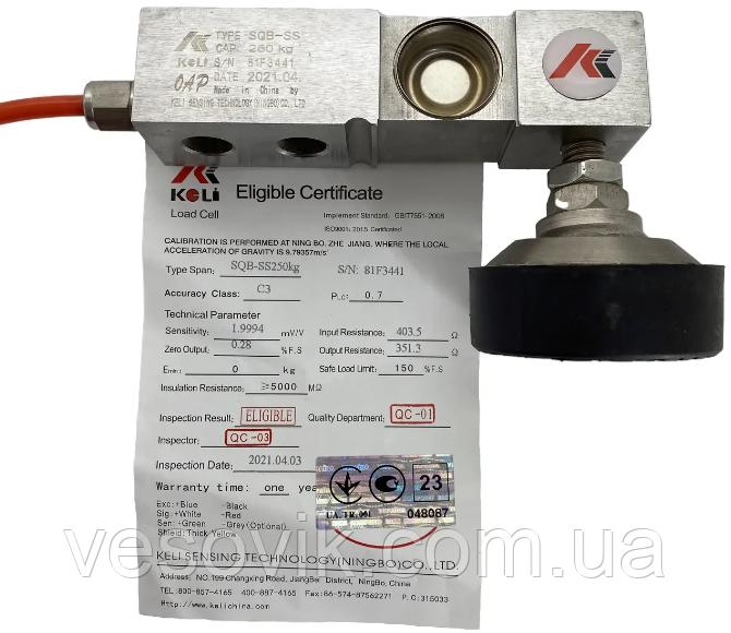 Тензодатчик Keli SQB-SS 0,25t (неіржавка сталь, якість OAP, IP68) 250 кг, фото 1