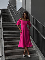 Малиновое женское сдержанное приталенное платье из костюмки длины миди с рукавами фонариками до локтя 44/46