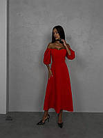 Красное женское сдержанное приталенное платье из костюмки длины миди с рукавами фонариками до локтя
