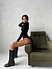 Чорне жіноче облягаюче боді з рубчику та сітки з імітацією корсета з коміром стійкою, фото 4