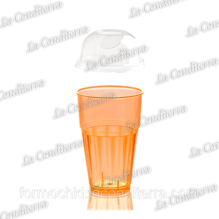 Пластиковий жовтогарячий стакан для напоїв із кришкою 225+225-BB (400 мл)