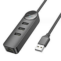 USB-Hub Borofone DH6 Erudite 4-in-1 100 Mbps Ethernet Adapter(USB to USB2.0*3+RJ45)(L=1.2M) Black