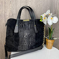 Замшевая женская сумка под рептилию, черная сумочка рептилия натуральная замша + экокожа "Gr"