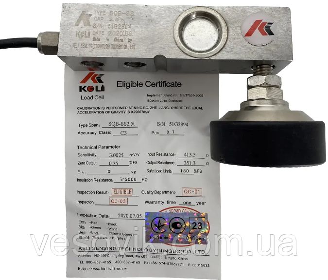 Тензодатчик Keli SQB-SS 2,5t (неіржавка сталь, якість Normal, IP68) 2500 кг, фото 1
