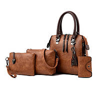 Женская сумка набор 4 в 1 комплект сумочка клатч визитница на плечо + брелок Коричневый(YP)