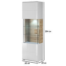 Шафа вітрина з підсвічуванням Toledo 60 см білий глянець і дуб сан-ремо світлий із закругленими кутами в зал
