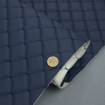 Стьобаний шкірозамінник Maldive "Ромб темно-синій" з темно-синьою ниткою, на поролоні та флізеліні, товщ. 8мм, шир. 1,35м