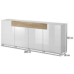 Довгий комод без ручок Toledo 208 см білий глянець та дуб сан-ремо світлий для спальні