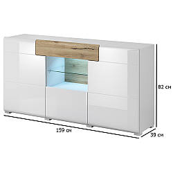 Комод із підсвічуванням тридверний Toledo 159 см білий глянець та дуб сан-ремо світлий у вітальню