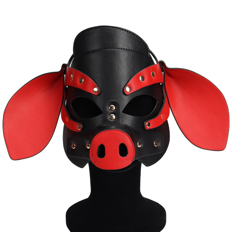 Бдсм маска голова свині Leather Pig Mask Black and Red  Кітті