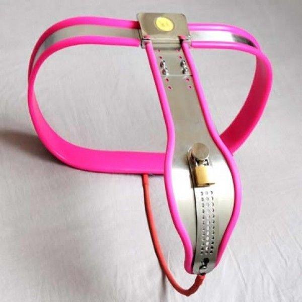 Female Adjustable Curve-T Stainless Steel Premium Chastity Belt with Locking Cover Removable PINK  Кітті