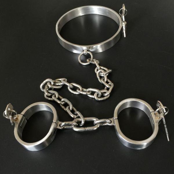 Male Latest Design Bolt Lock Stainless Steel Hand and neck Connecting Handcuffs  Кітті