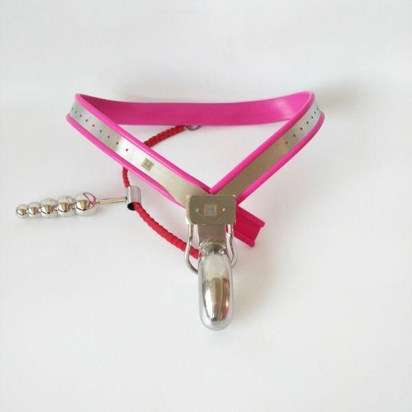 Male Adjustable Model-Y Stainless Steel Premium Chastity Belt with Chian and Plug - PINK  Кітті