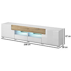 Довга тумба під телевізор із підсвічуванням Toledo 208 см білий глянець та дуб сан-ремо світлий у спальню