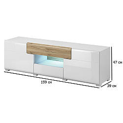 Тумба під ТВ з підсвічуванням Toledo 159 см білий глянець та дуб сан-ремо світлий із закругленими кутами у вітальню